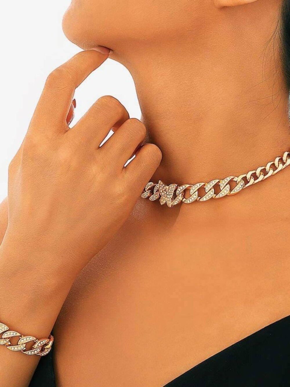 Cuban Rhinestone Choker Necklace Set Gold Butterfly Necklaces and Bracelet Jewel - Picture 3 of 6